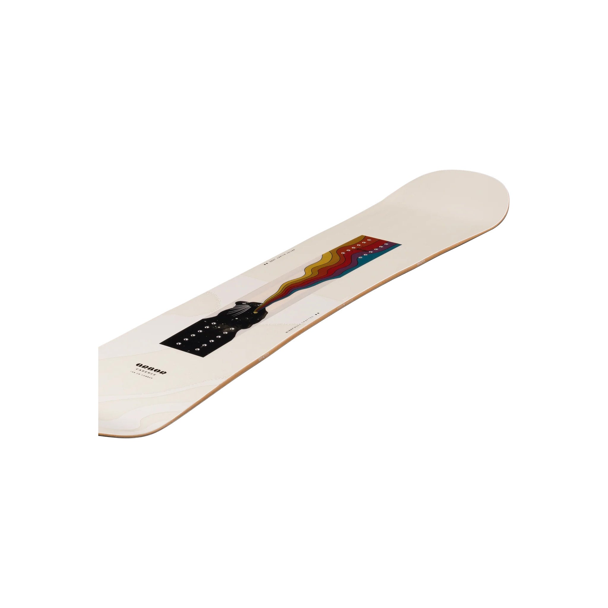 Arbor Women's Cadence Camber Snowboard 2025 - A white snowboard with a black graphic of a woman riding it on the top sheet.