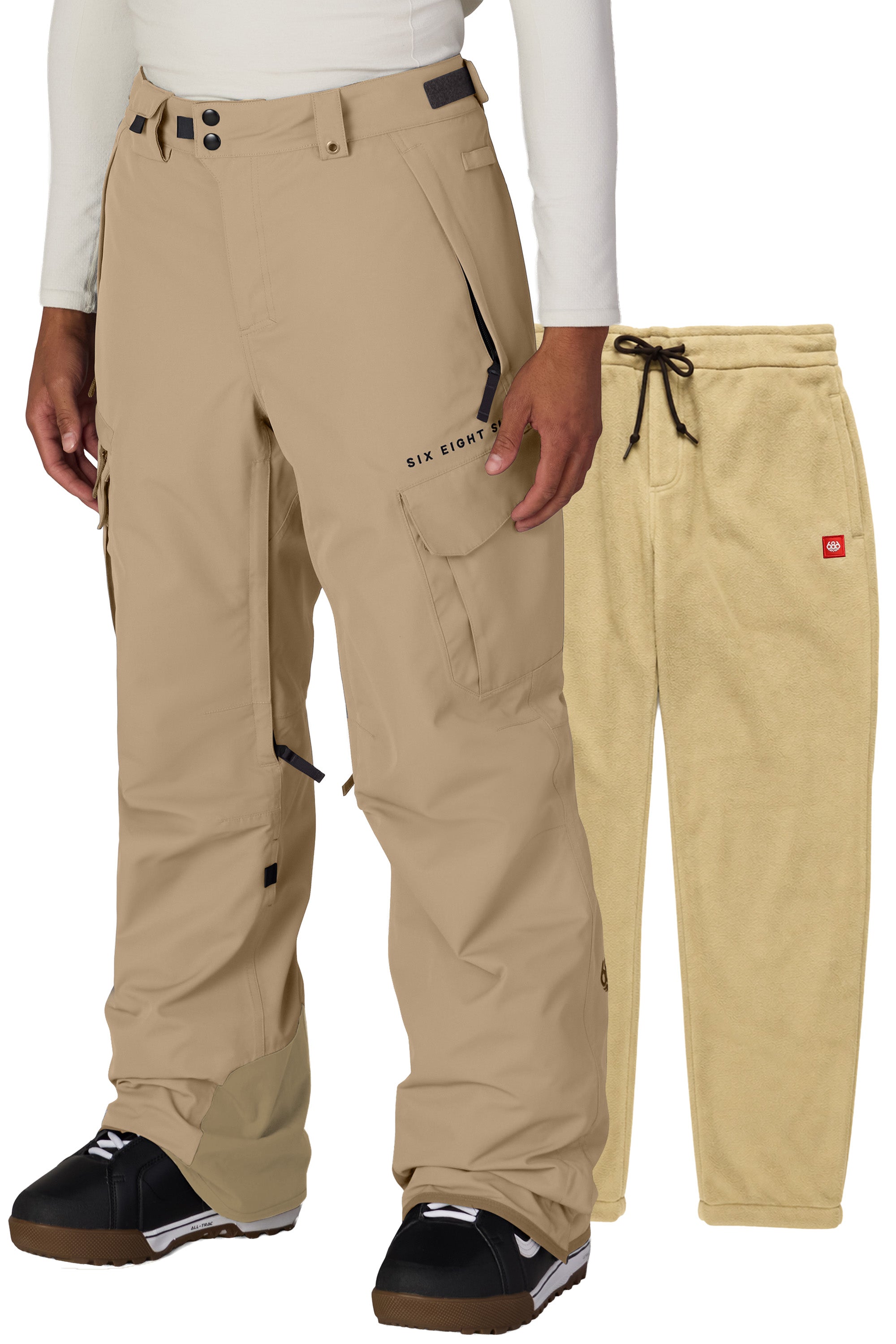 Men's tan cargo pants with zip-off shorts, belt loops, and cargo pockets