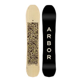 Arbor Carter Camber Snowboard 2025 - A light-colored wood grain snowboard with a brown and green camouflage pattern on top.
