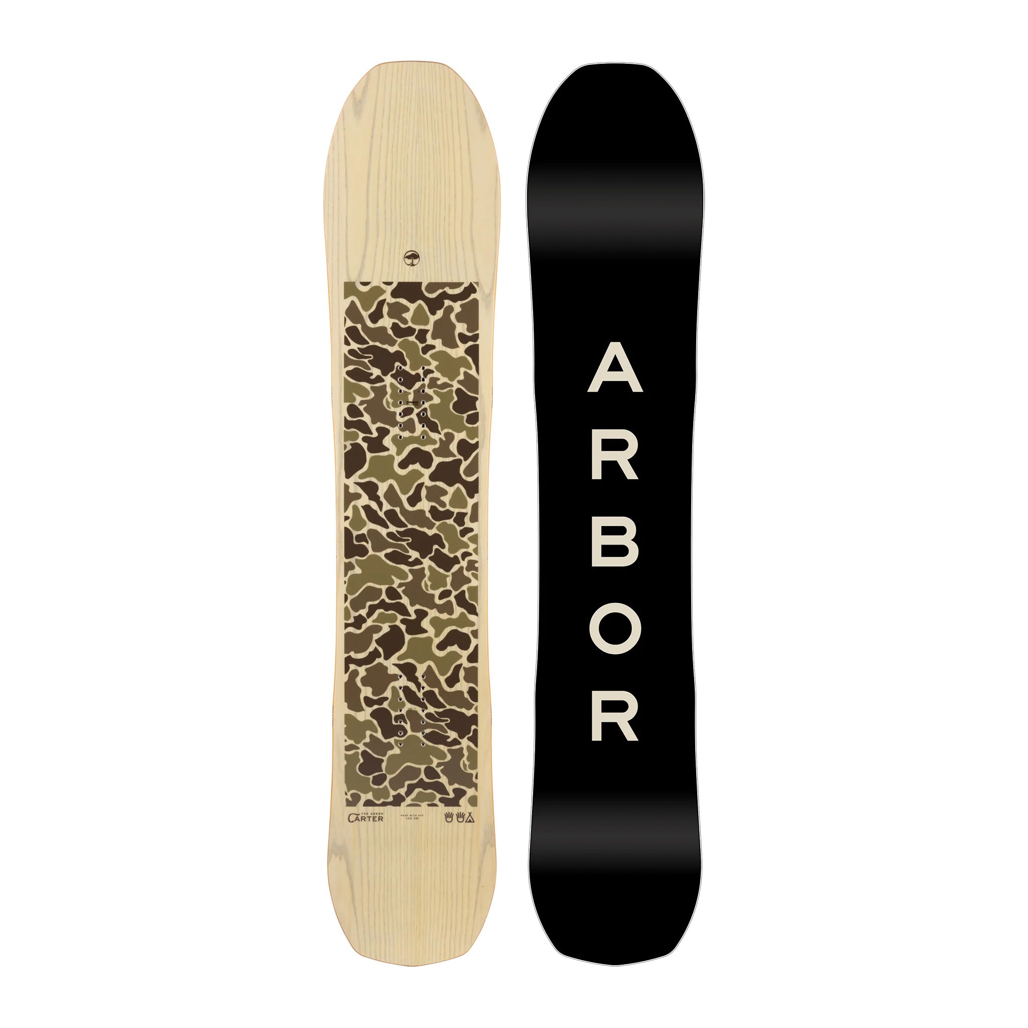 Arbor Carter Camber Snowboard 2025 - A light-colored wood grain snowboard with a brown and green camouflage pattern on top.