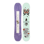 Arbor Junior's Cavet Snowboard 2025 - A light blue snowboard with a black and white tiger design on the bottom, featuring red flowers in its mouth.