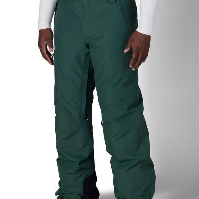 Moss green snow pants with cargo pockets and adjustable cuffs