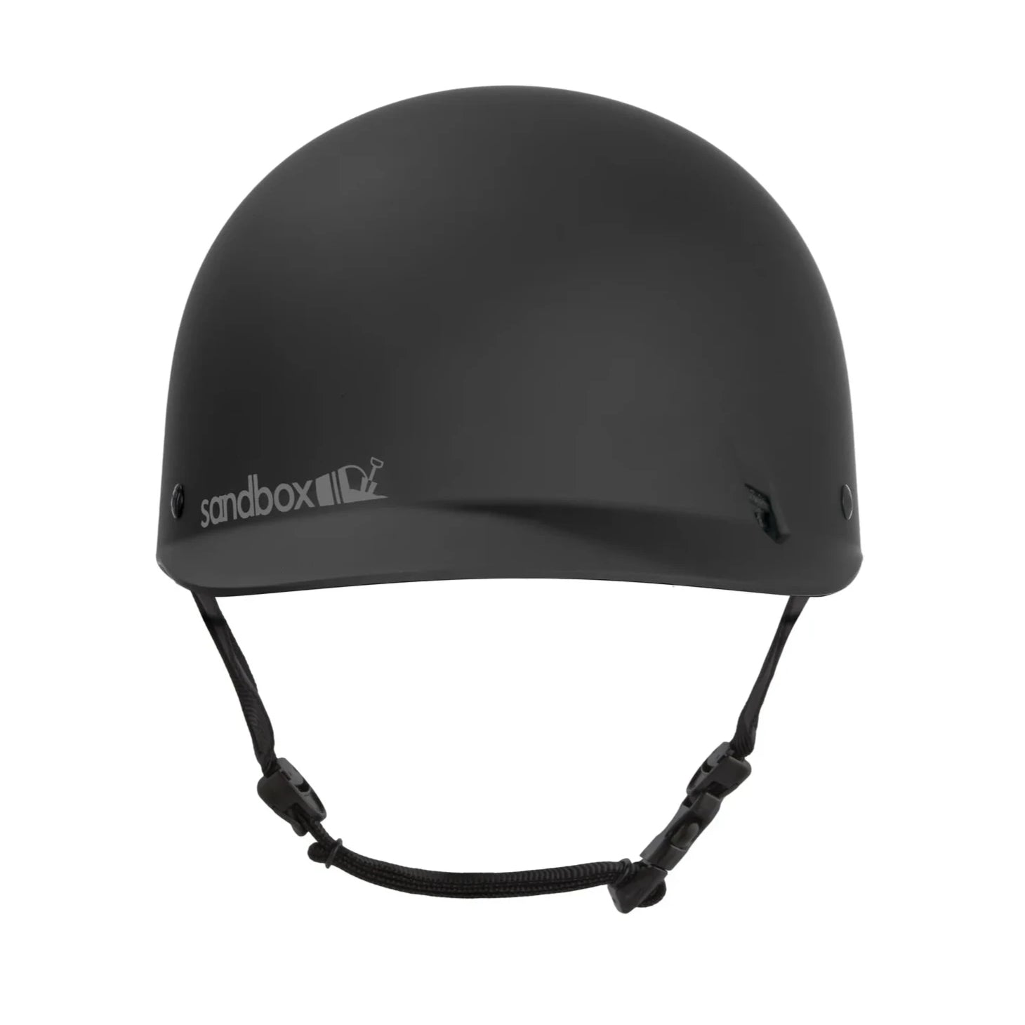 Sandbox Classic 2.0 Brain Bucket Helmet 2025 - A black helmet with a white logo on the front and side straps.