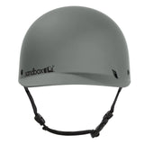 Sandbox Classic 2.0 Brain Bucket Helmet 2025 - A gray helmet with a black chin strap and a white Sandbox logo on the front.