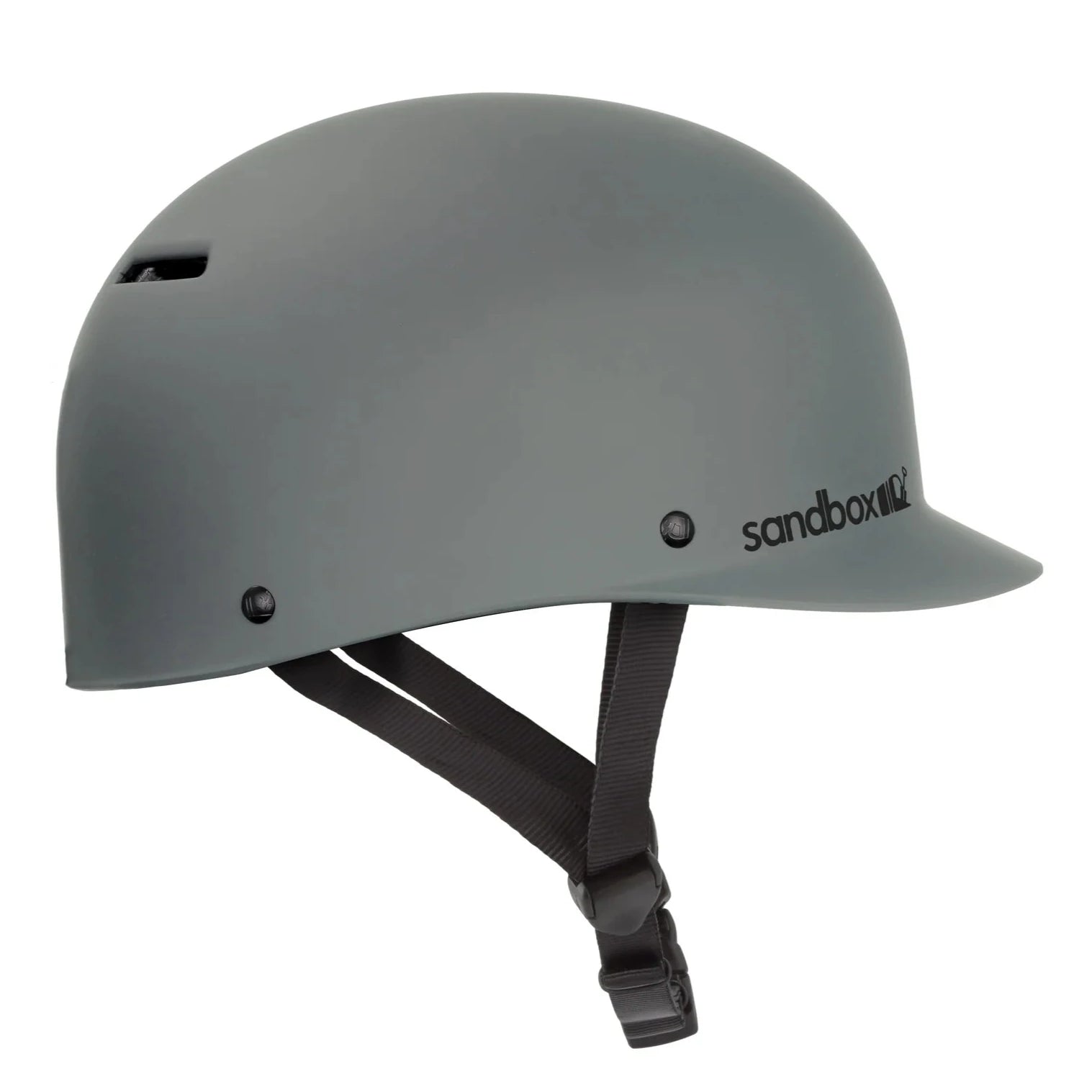 Sandbox Classic 2.0 Brain Bucket Helmet 2025 - A gray helmet with a small vent on top and black straps attached to the back.