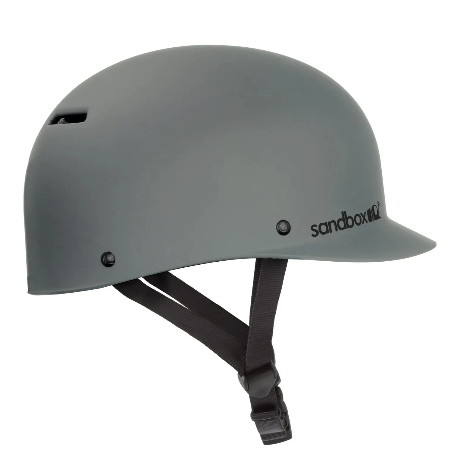 Sandbox Classic 2.0 Brain Bucket Helmet 2025 - A gray helmet with a small vent on top and black straps attached to the back.