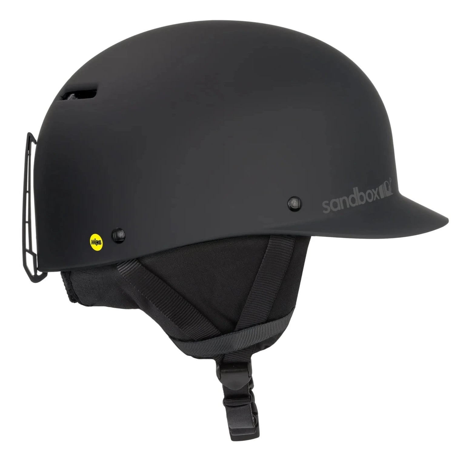 Sandbox Classic 2.0 MIPS Helmet 2025 - A black helmet with a white Sandbox logo on the side and a yellow MIPS sticker on the back.
