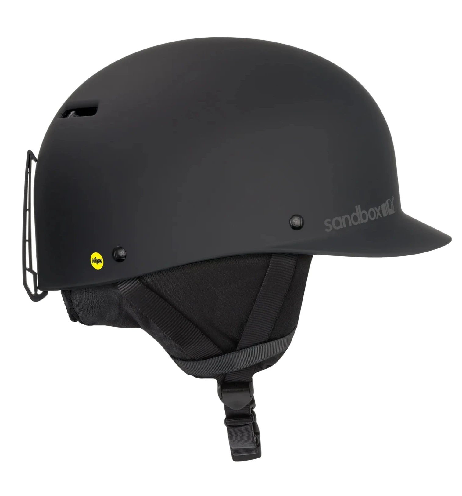 Sandbox Classic 2.0 MIPS Helmet 2025 - A black helmet with a white Sandbox logo on the side and a yellow MIPS sticker on the back.