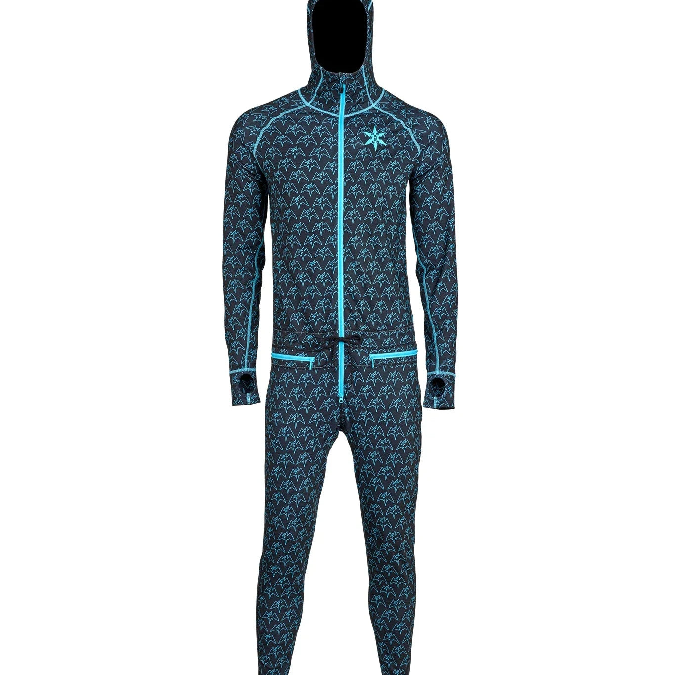 Airblaster Classic Ninja Suit 2025 - Black suit with light blue ninja and mountain pattern.