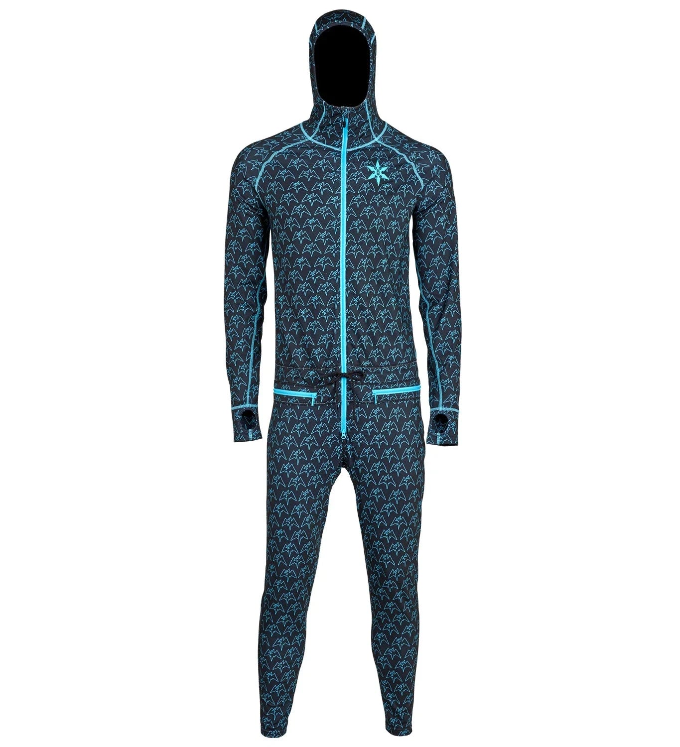 Airblaster Classic Ninja Suit 2025 - Black suit with light blue ninja and mountain pattern.