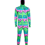 Airblaster Classic Ninja Suit 2025 - Neon green ninja suit with pink and blue accents, featuring a black geometric pattern on chest and arms.