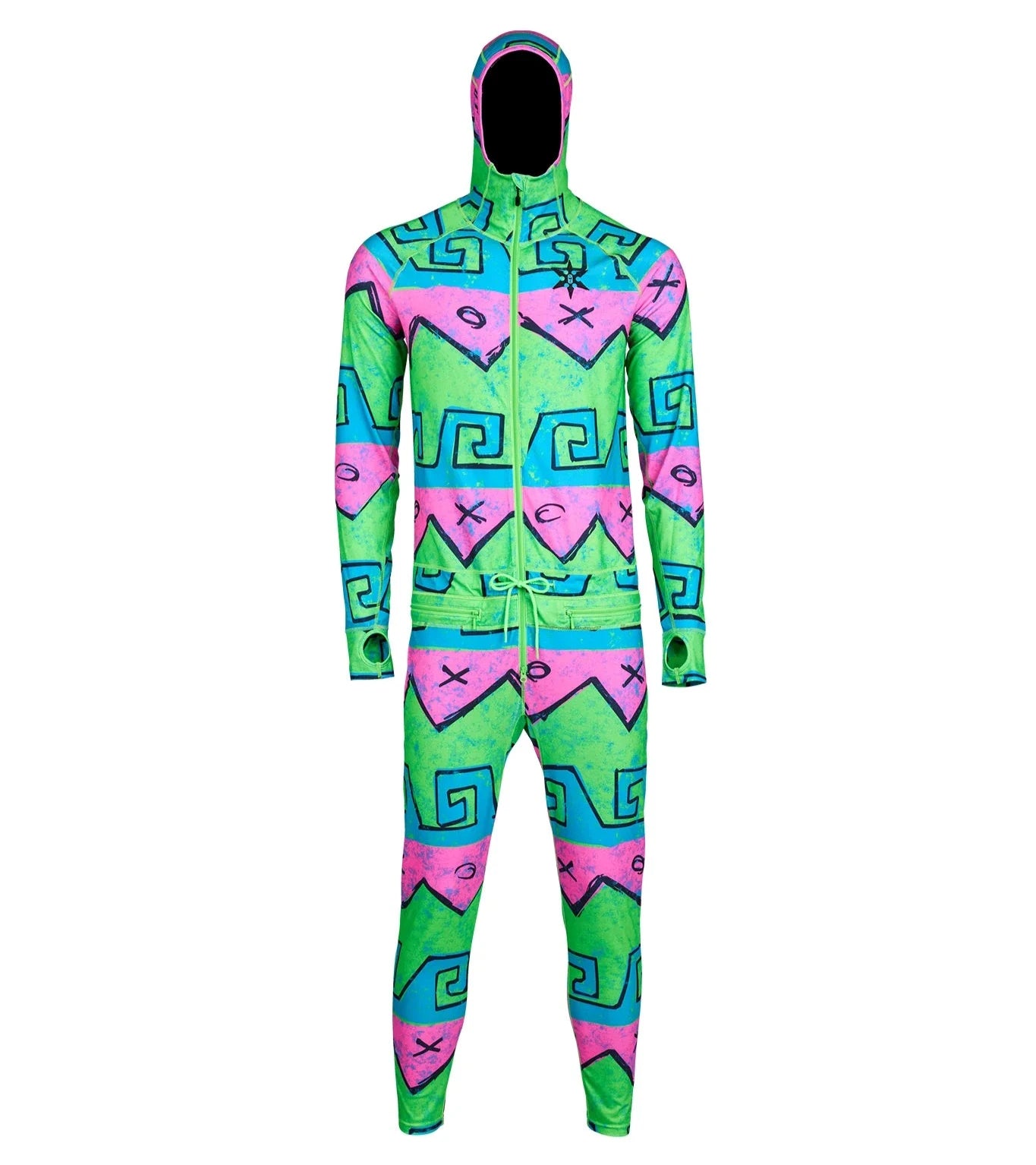 Airblaster Classic Ninja Suit 2025 - Neon green ninja suit with pink and blue accents, featuring a black geometric pattern on chest and arms.