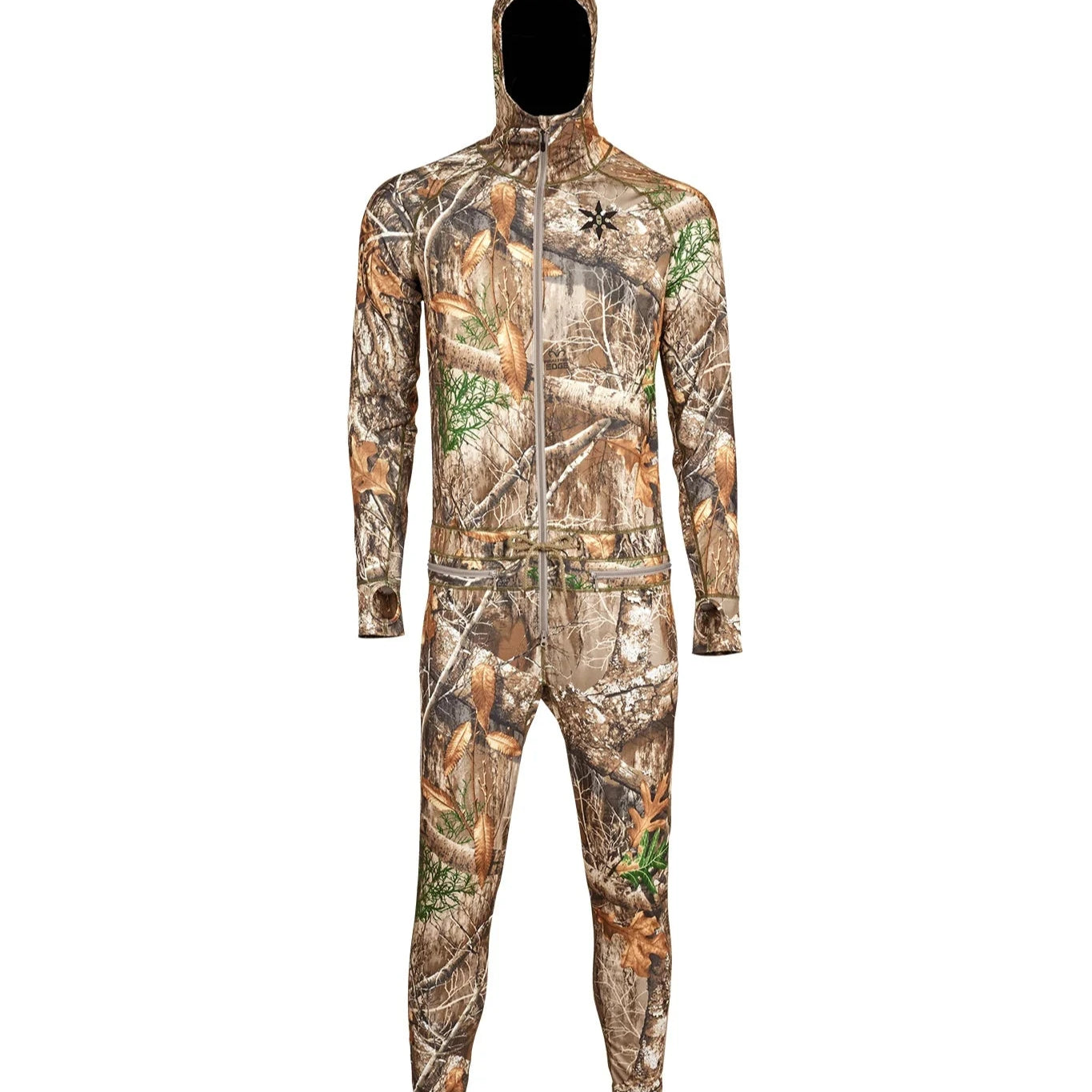 Airblaster Classic Ninja Suit 2025 - A camouflage onesie with a hood and zipper down the front, featuring a pattern of brown branches and green leaves on a tan background.