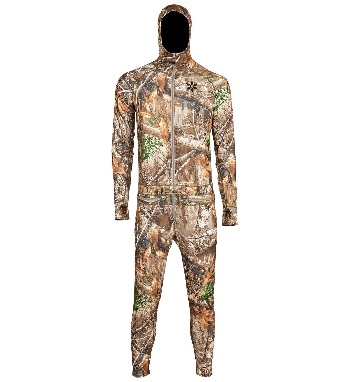 Airblaster Classic Ninja Suit 2025 - A camouflage onesie with a hood and zipper down the front, featuring a pattern of brown branches and green leaves on a tan background.