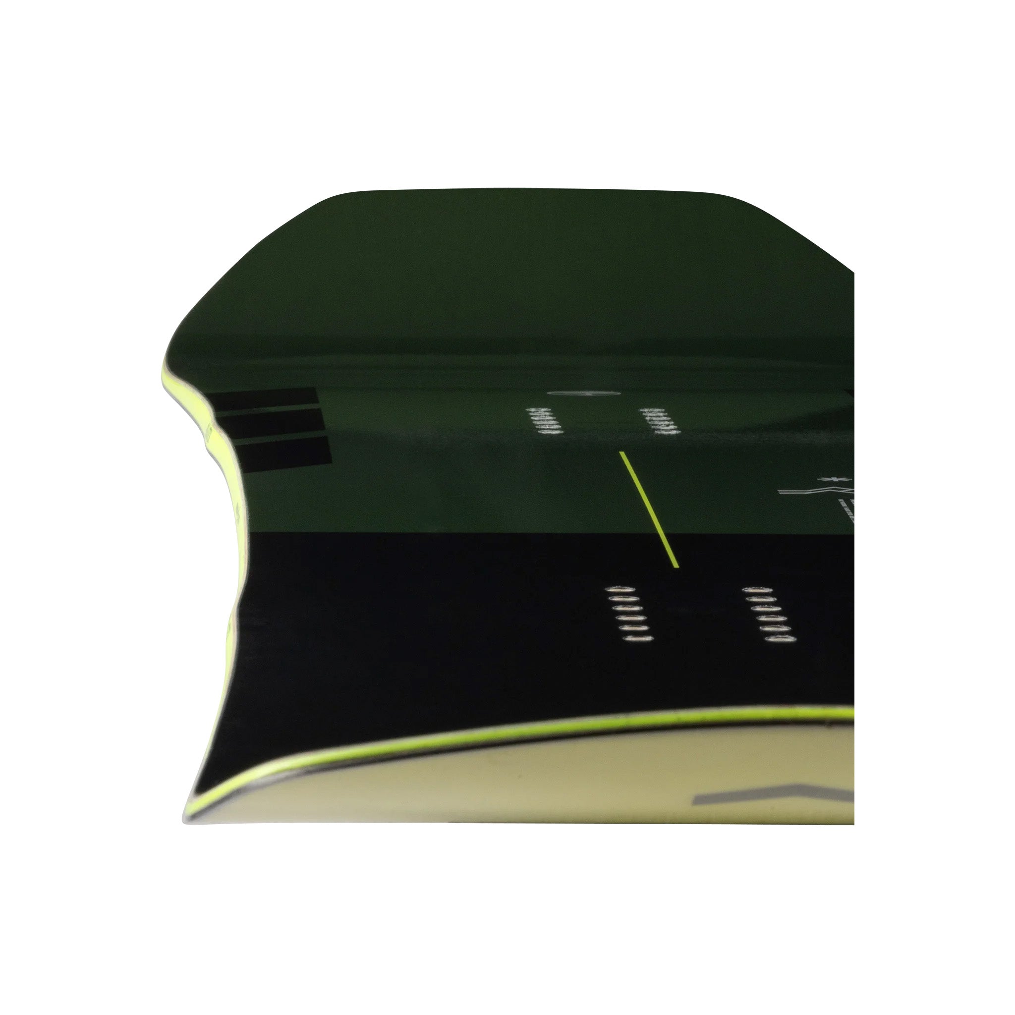 Arbor Coda Camber Snowboard 2025 - A black snowboard with a yellow stripe along its edge.