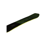 Arbor Coda Camber Snowboard 2025 - A black snowboard with a yellow stripe along its bottom edge and white dots on top.