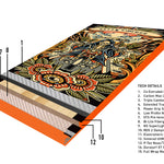 Never Summer - Easy Rider Snowboard 2025 is shown from a top-down perspective, featuring a black background with a large red flower and green leaves in the center.