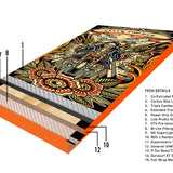 Never Summer - Easy Rider Snowboard 2025 is shown from a top-down perspective, featuring a black background with a large red flower and green leaves in the center.