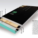 Never Summer Women's Infinity Snowboard 2025 - A black snowboard with a green logo featuring an eagle and the words "Never Summer" in white, on top of a light-colored wood grain pattern.