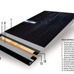 Never Summer Shapeshifter Snowboard 2025 - A black snowboard with a blue stripe and white logo on top, featuring a yellow circle in the center of the logo.