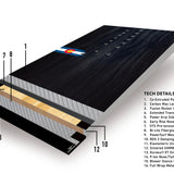Never Summer Shapeshifter Snowboard 2025 - A black snowboard with a blue stripe and white logo on top, featuring a yellow circle in the center of the logo.