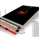 Never Summer - Valhalla Snowboard 2025 is shown in a black background with a red and yellow logo on top.