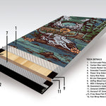 Never Summer Women's Harpoon Snowboard 2025 - A snowboard with a blue base and brown graphic of a woman skiing in front of mountains.