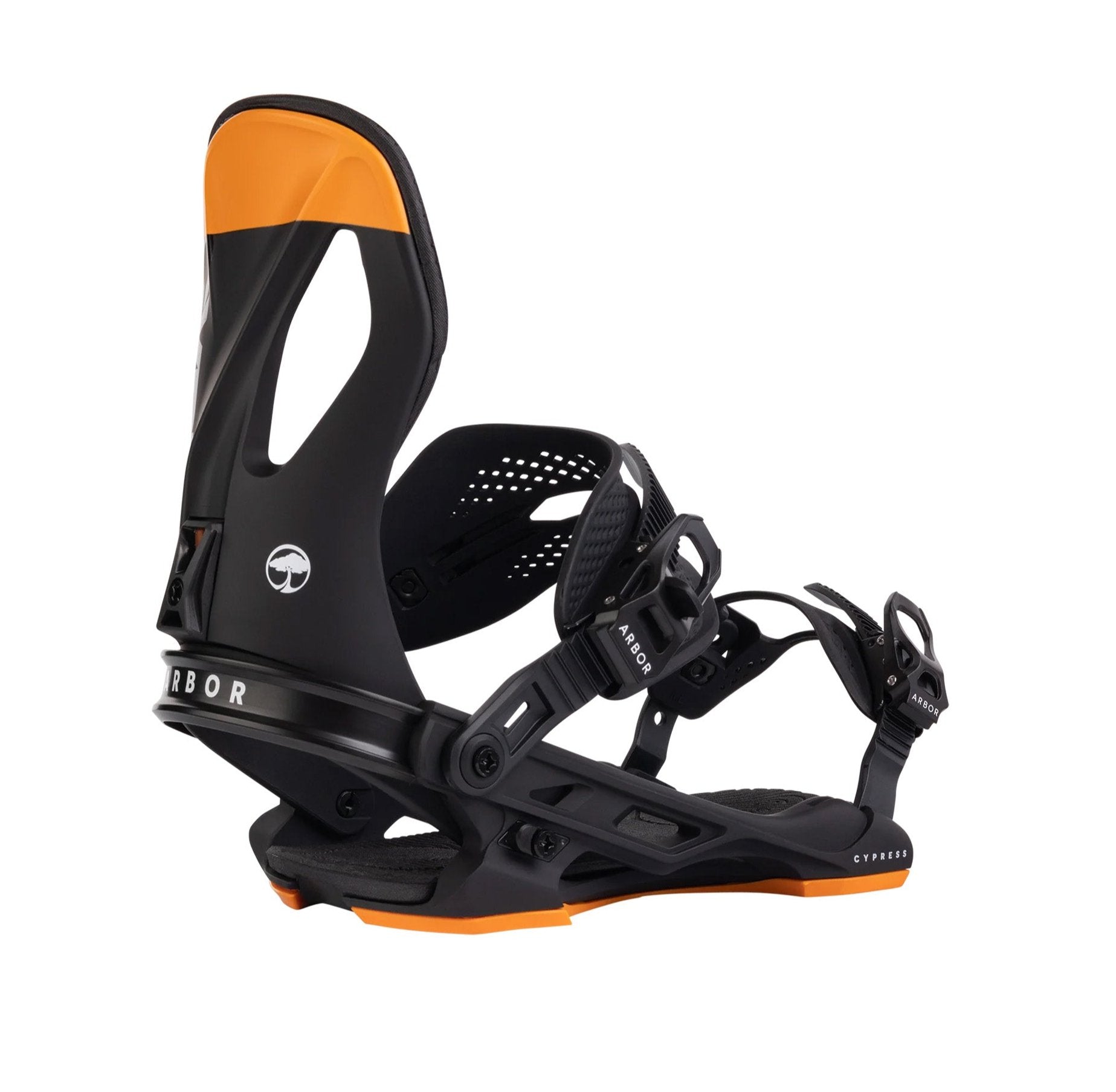 Arbor Cypress Snowboard Binding 2025 - A black snowboard binding with a white logo featuring an arched tree, set against a solid white background.