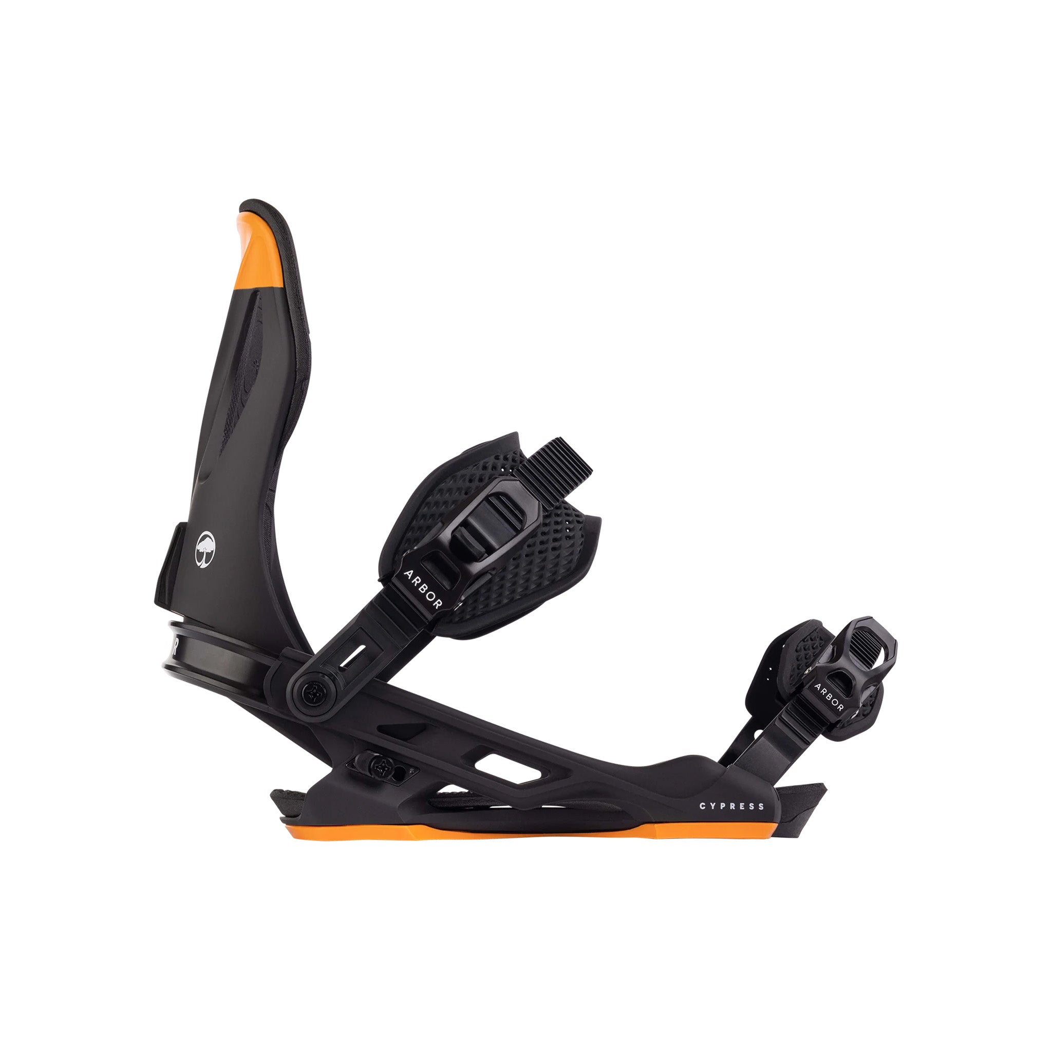 Arbor Cypress Snowboard Binding 2025 - A black snowboard binding with an orange stripe on the top of the strap and a white logo on the side.