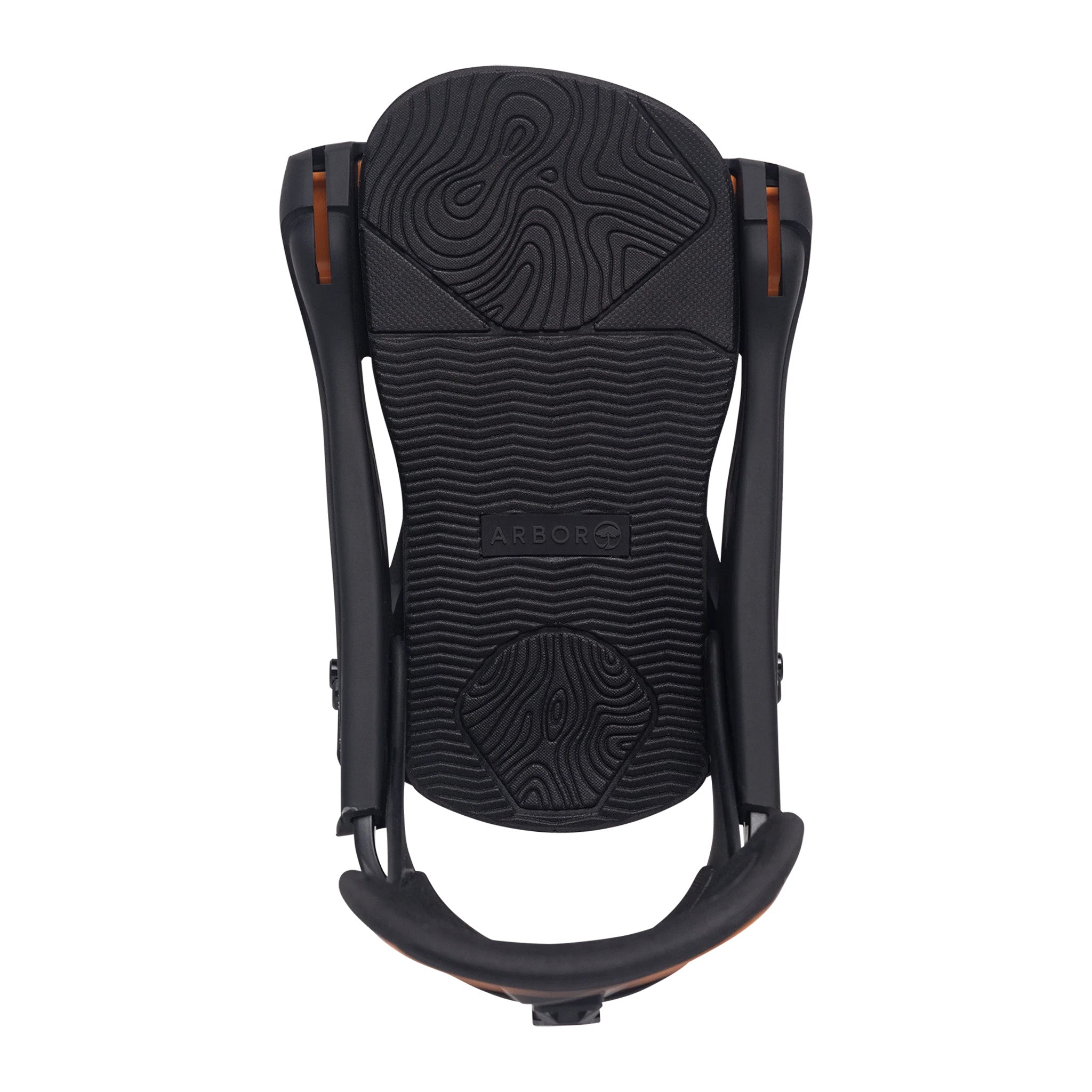 Arbor Cypress Snowboard Binding 2025 - A black snowboard binding with a textured top surface and orange accents on the side straps.