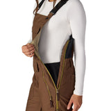 Women’s insulated brown bib overalls with side zipper opening and contrast inner panel.