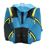 Destiny Junior Triangle Boot Bag 2023 - A blue boot bag with a black zipper and yellow accents, featuring a mesh side pocket on the left.