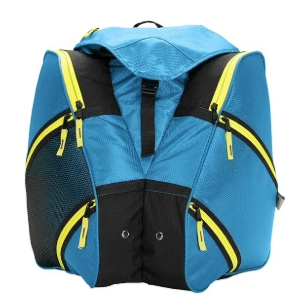 Destiny Junior Triangle Boot Bag 2023 - A blue boot bag with a black zipper and yellow accents, featuring a mesh side pocket on the left.