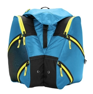 Destiny Junior Triangle Boot Bag 2023 - A blue boot bag with a black zipper and yellow accents, featuring a mesh side pocket on the left.