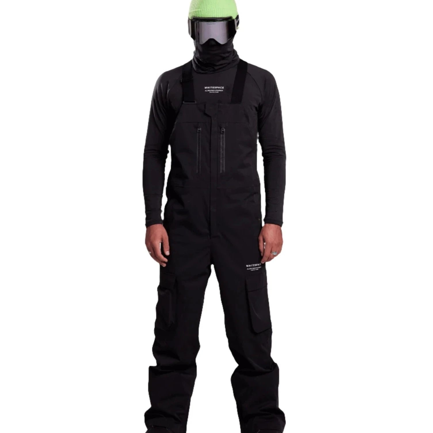Whitespace 2L Cargo Insulated Bib Pants 2024 - Black bib pants with cargo pockets on each thigh and a zippered fly.