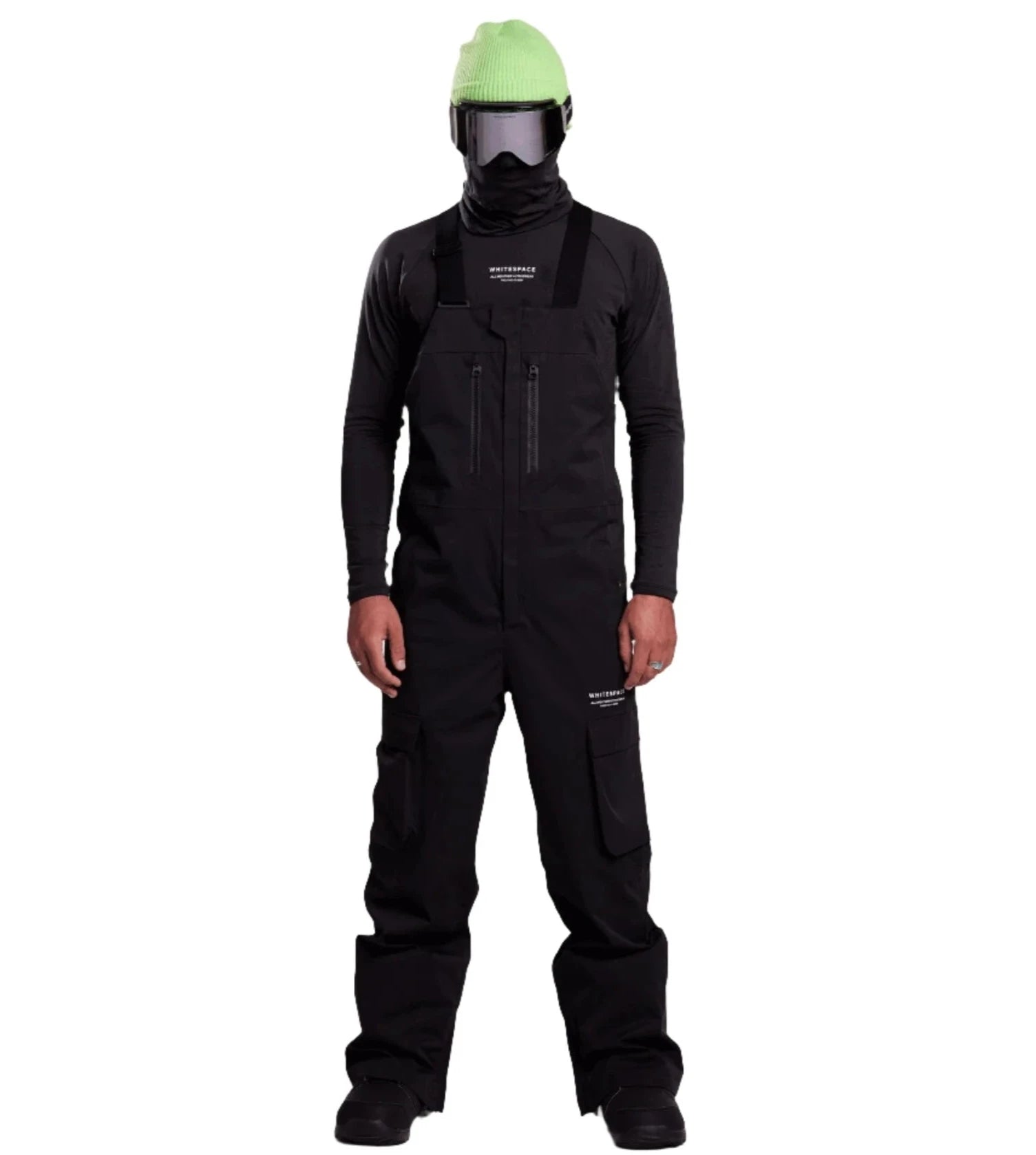 Whitespace 2L Cargo Insulated Bib Pants 2024 - Black bib pants with cargo pockets on each thigh and a zippered fly.