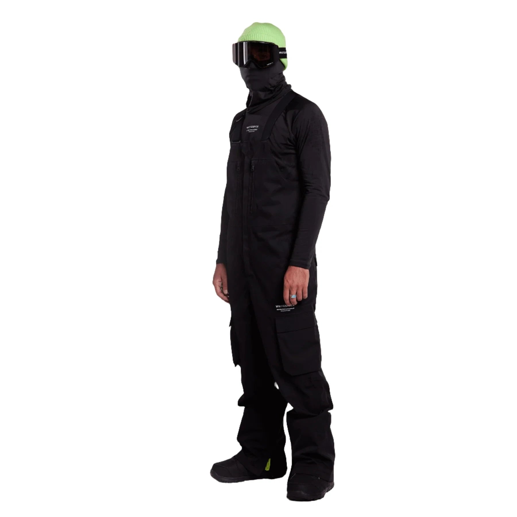 Whitespace 2L Cargo Insulated Bib Pants 2024 - Black bib pants with cargo pockets on each thigh and a white logo on the left leg.