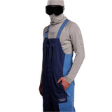 Whitespace 2L Cargo Insulated Bib Pants 2024 - A pair of dark blue and light blue insulated bib pants with two cargo pockets on each side.
