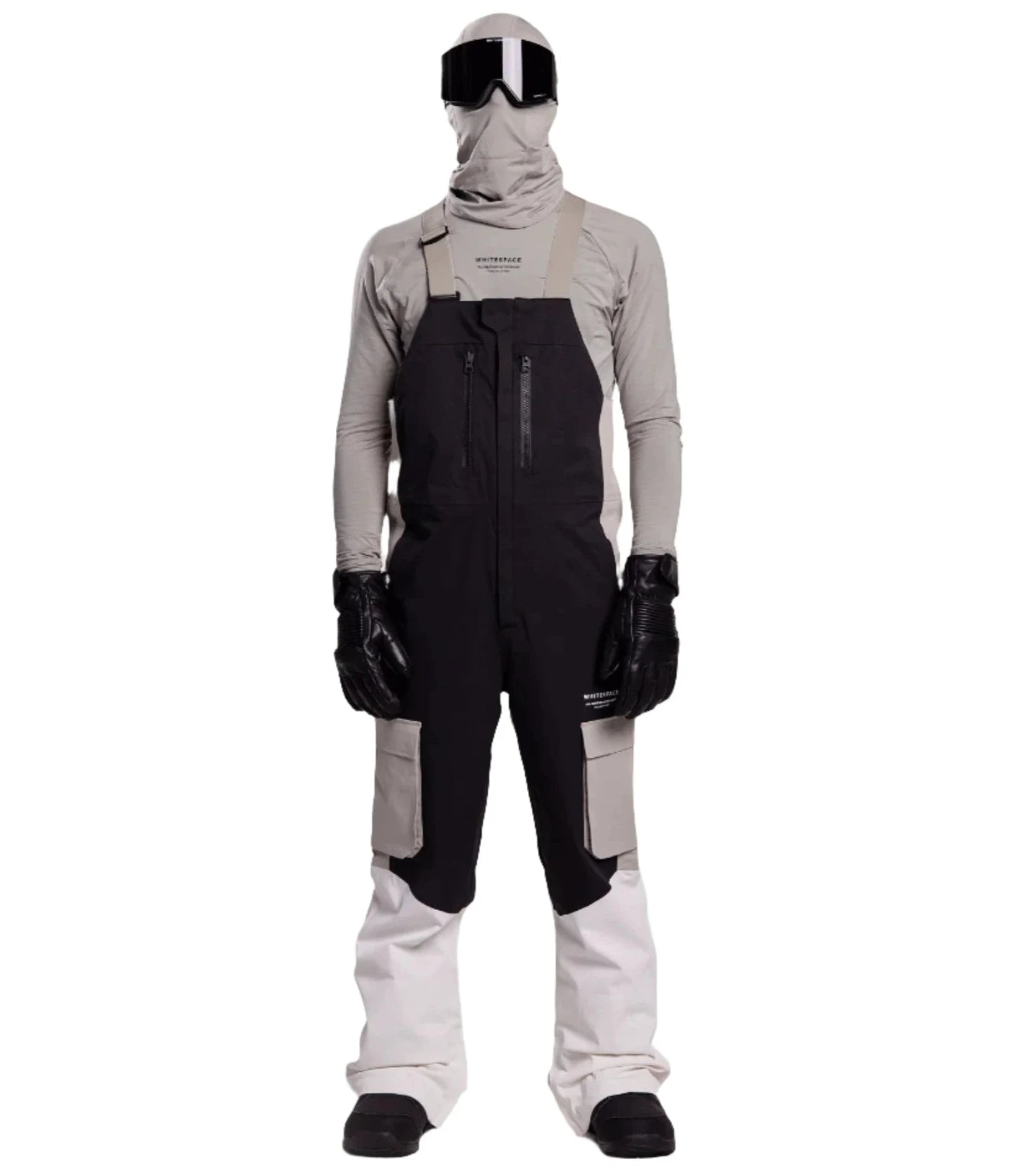 Whitespace 2L Cargo Insulated Bib Pants 2024 - Black bib pants with cargo pockets on each thigh and a black zipper down the front.