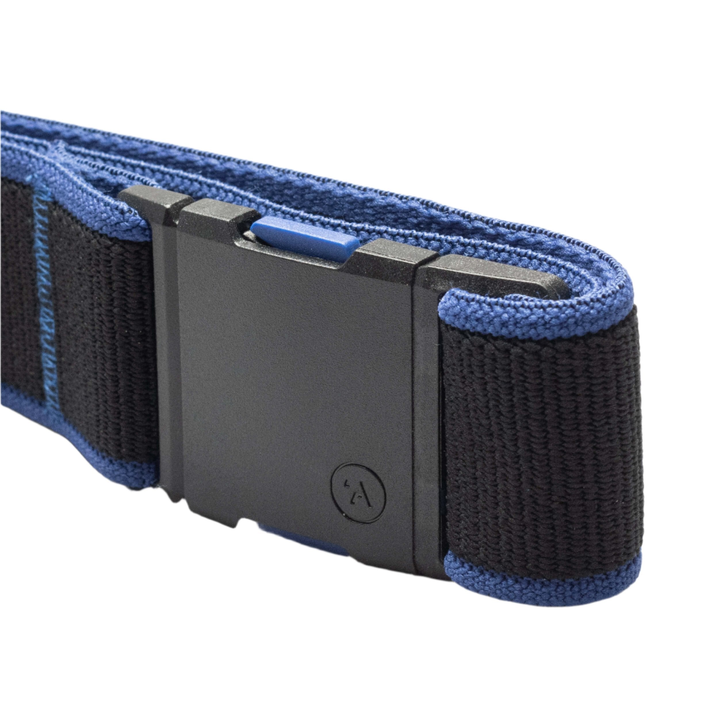 Arcade Carto Stretch Belt 2025 - A blue stretch belt with a black buckle and blue stitching.