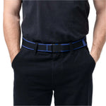 Arcade Carto Stretch Belt 2025 - Black belt with blue stripe along edges and black buckle.
