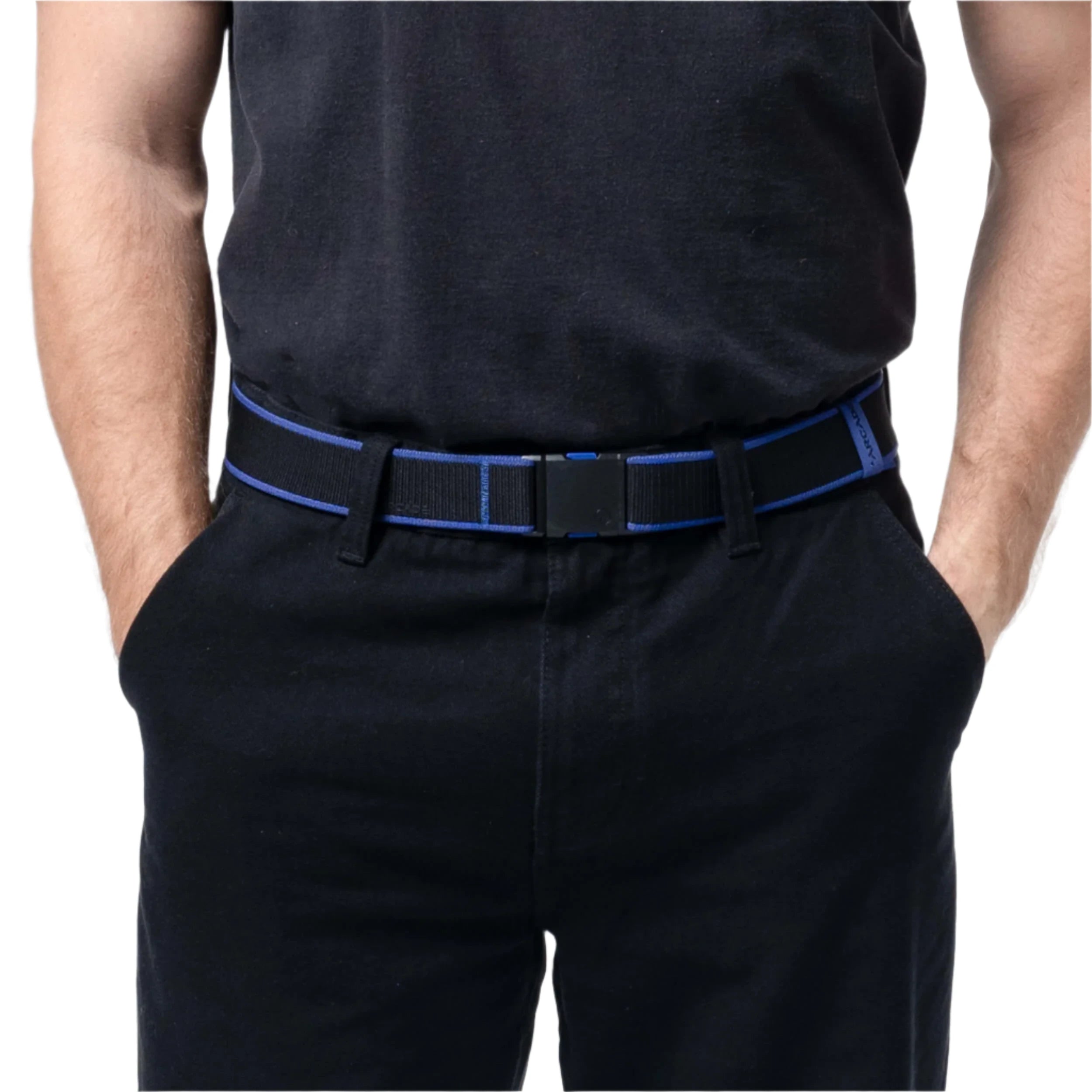 Arcade Carto Stretch Belt 2025 - Black belt with blue stripe along edges and black buckle.