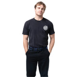 Arcade Carto Stretch Belt 2025 - A black belt with a white logo featuring the words "Santa Cruz" in stylized font, and a small graphic of a skateboarder performing a trick.