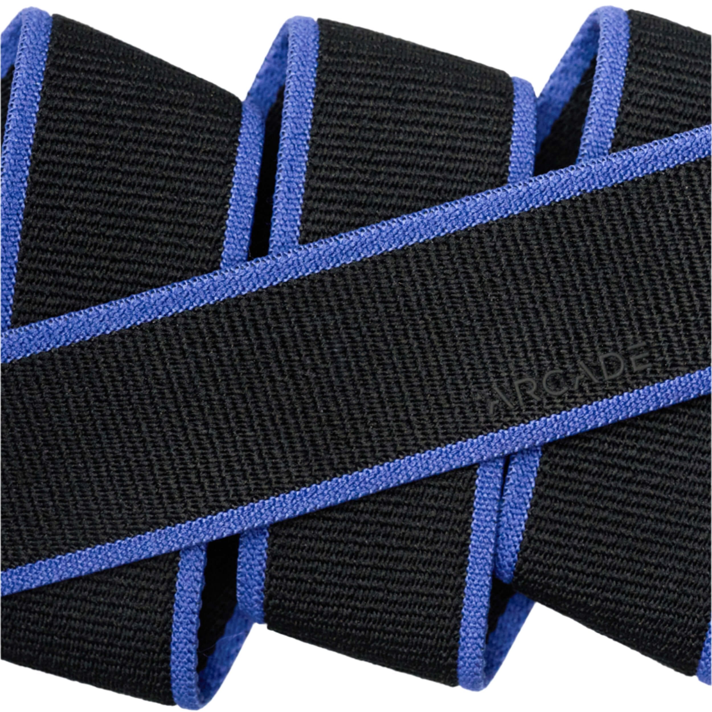 Arcade Carto Stretch Belt 2025 - Black stretch belt with blue trim and diagonal stripes.
