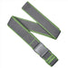 A grey fabric belt with green edges, folded in a crisscross pattern. The belt has a rectangular plastic buckle, and the word 'ARCADE' is embossed near the end.