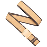 Arcade Carto Slim Belt 2024 - A tan belt with a dark brown stripe and a light gold buckle.