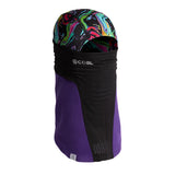 HYBRID CLAVA 2024 - Black balaclava with a colorful, abstract pattern on top and solid purple sides.