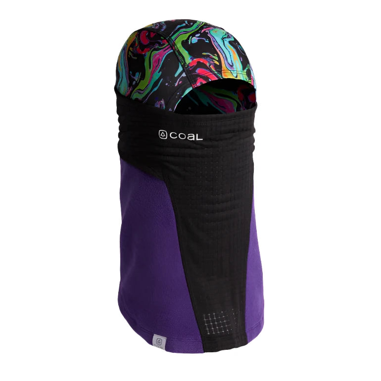 HYBRID CLAVA 2024 - Black balaclava with a colorful, abstract pattern on top and solid purple sides.