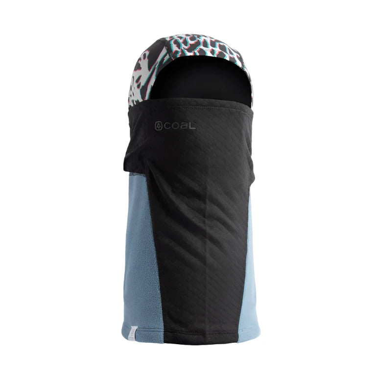 HYBRID CLAVA 2024 - A black balaclava with a white and blue leopard print pattern on top, featuring a solid black face covering.