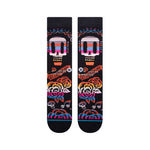 Remember Me Kids C Sock 2022 - A pair of black socks with a colorful striped pattern and a repeating "REMEMBER ME" logo in pink, blue, orange, and white.